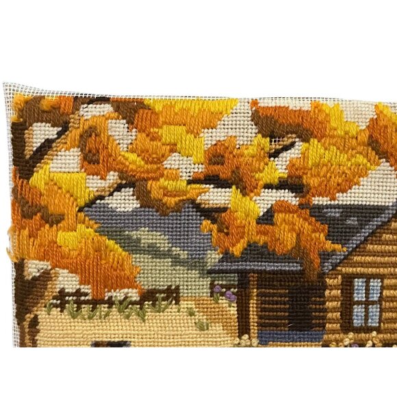 Vintage Finished Crewel Cabin in the Meadow Handmade Sunset Designs Fall Leaves - Picture 7 of 8